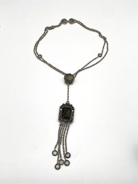 Vintage Necklace Goldette Intaglio Gray Glass Rectangle Dangles Silver Tone
